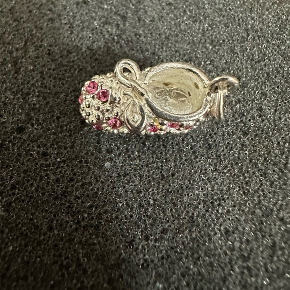 Sterling Silver Baby Shoe Charm. Textured & Adorned with Pink Crystals. - Picture 2 of 4